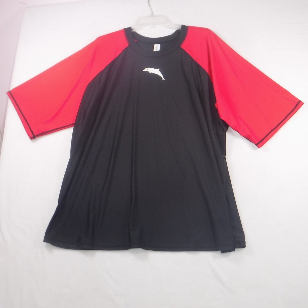 Halcurt Mens Rash Guard Swim Shirt Black Red‎ Dolphin Logo Short Sleeve 4X